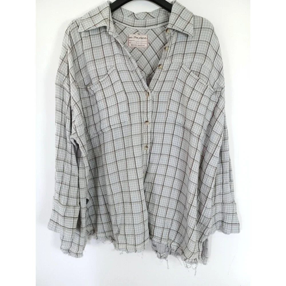 Free People We The Free Crinkle Gauze Top Large Oversized 90's Raw Hem‎ Grunge